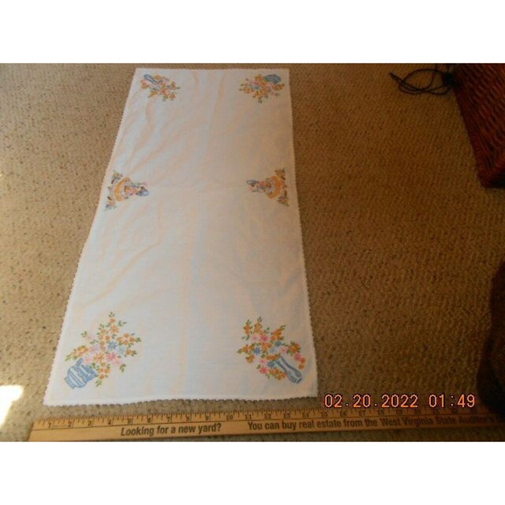 Vintage Cotton Table Runner Flowers 44" x 12" Sofa Table Runner